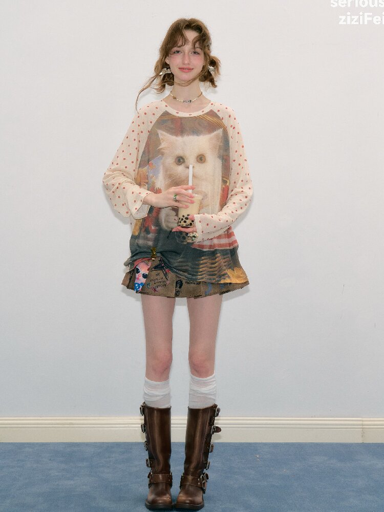 Raglan Cat Print Long Sleeve Top【s0000017886】