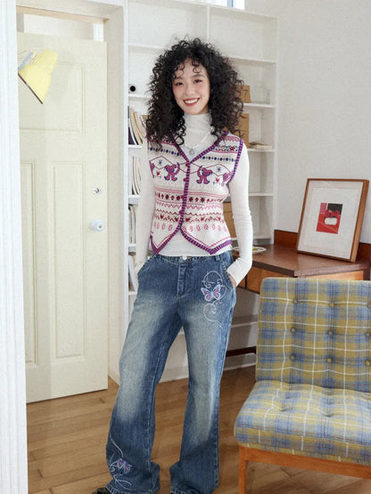 Butterfly Embroidered Slightly Flared Jeans【s0000013987】