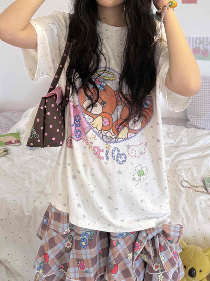 Bear Heart Print Star Loose T-Shirt【s0000017510】