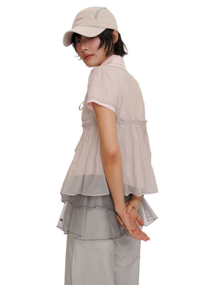 Lace Bottom Hem Slim Short Sleeve Shirt【s0000012487】