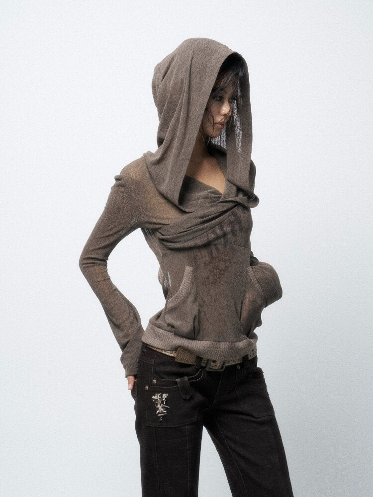 Two-Tone Crossover Print Hooded Top【s0000016062】