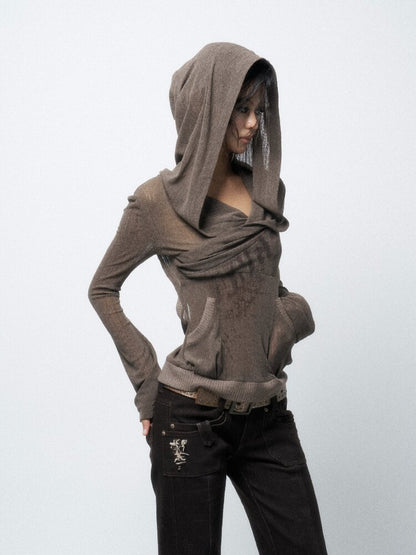 Two-Tone Crossover Print Hooded Top【s0000016062】