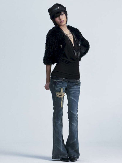 Slim Wash Distressed Bell Bottom【s0000014661】