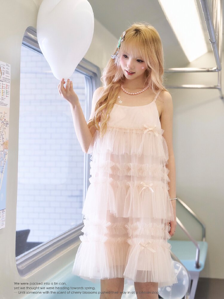 Pink Mesh Bow Puffy Slip Dress【s0000016366】