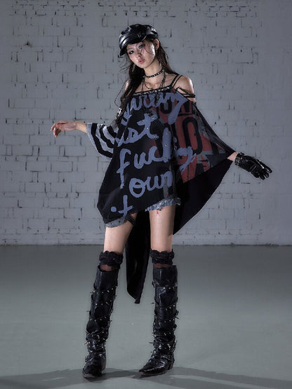 Asymmetrical Striped Webbing T-shirt【s0000015938】
