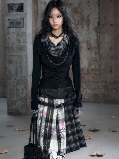 Plaid Tie-Dye Black Swing Neck Long Sleeve Blouse【s0000013887】