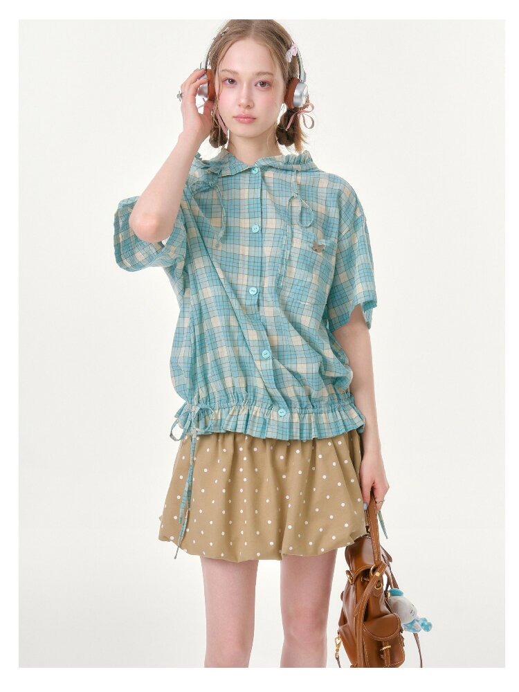 Ruffle Hem Hooded Plaid Shirt【s0000016619】