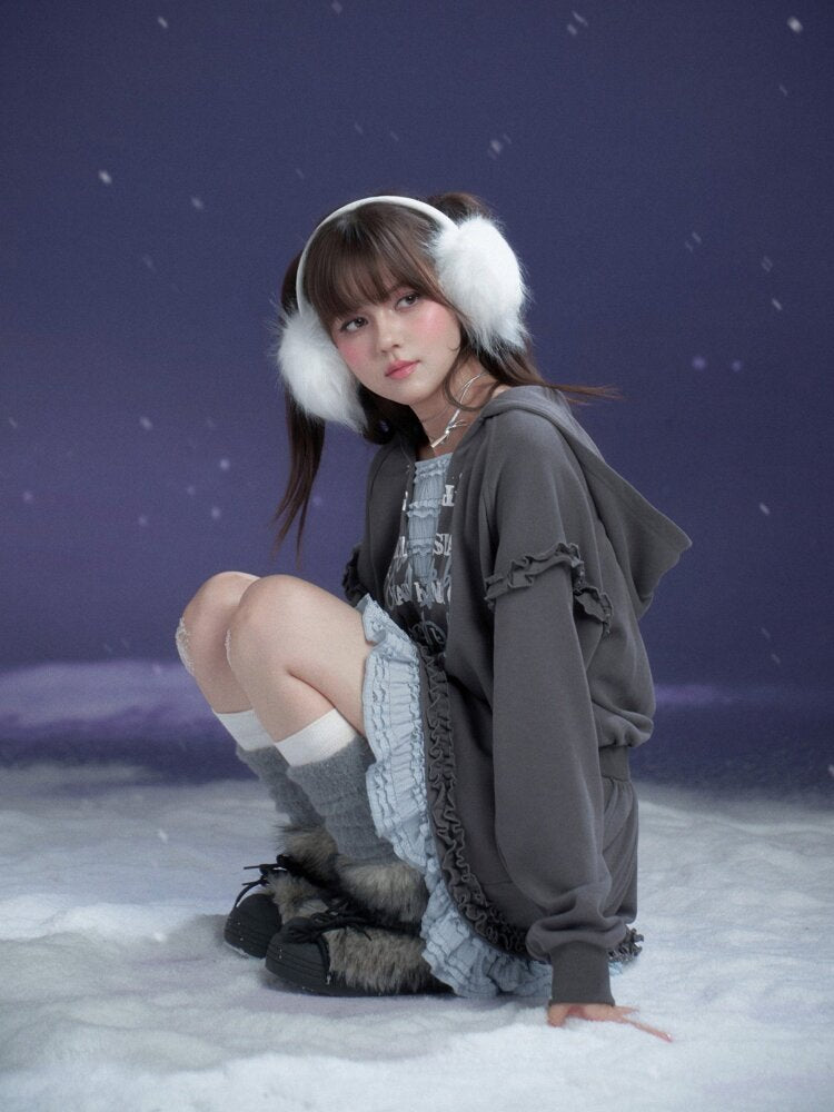 Gray Blue Print Lace Hoodie Dress【s0000015471】