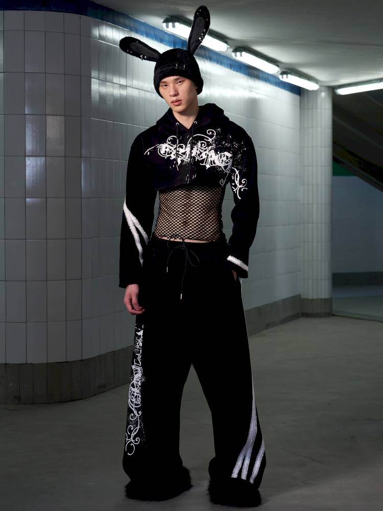 Splatter-Printed Lace-Trimmed Faux Two-Piece Hoodie【s0000014418】