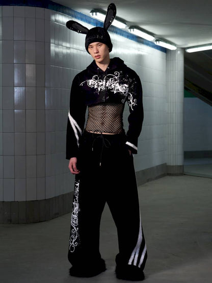 Splatter-Printed Lace-Trimmed Faux Two-Piece Hoodie【s0000014418】