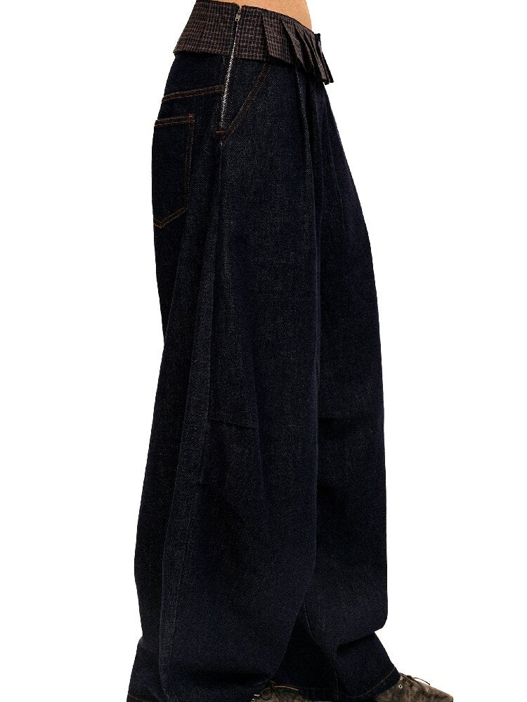Pleated Plaid Straight Leg Jeans【s0000017912】