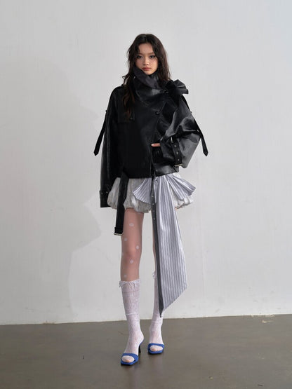 Ruffle Stand Collar PU Leather Jacket【s0000015696】