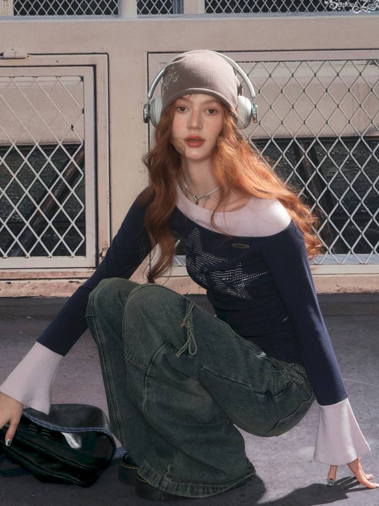 Star Print Dark Blue Long Sleeve T-Shirt【s0000014361】