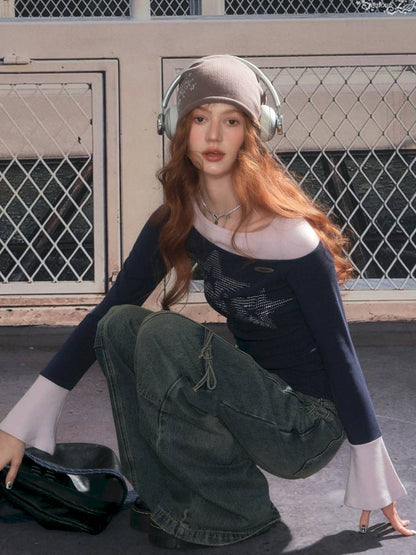 Star Print Dark Blue Long Sleeve T-Shirt【s0000014361】