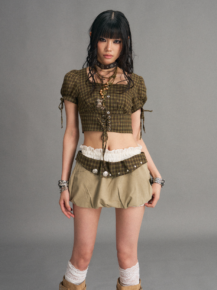 Vintage Lace Plaid Bud Skirt Pants【s0000017529】