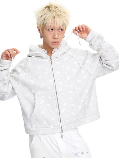Wing Feather Print Lace-Trim Hoodie【s0000014096】