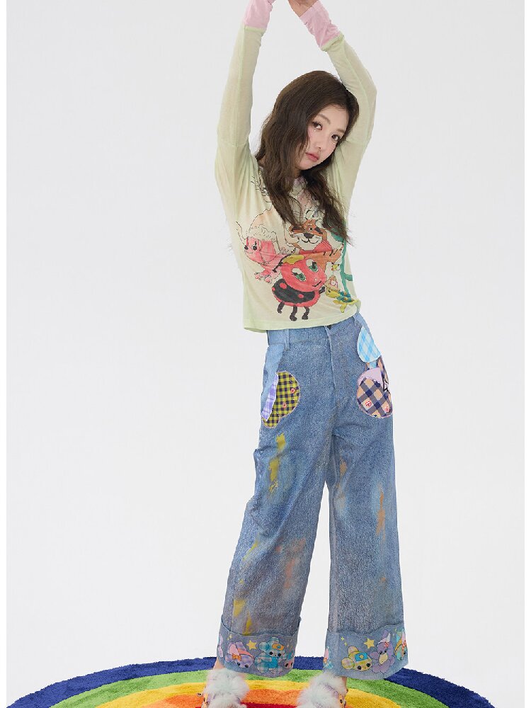 Hand Painted Patchwork Cotton Jeans【s0000016189】