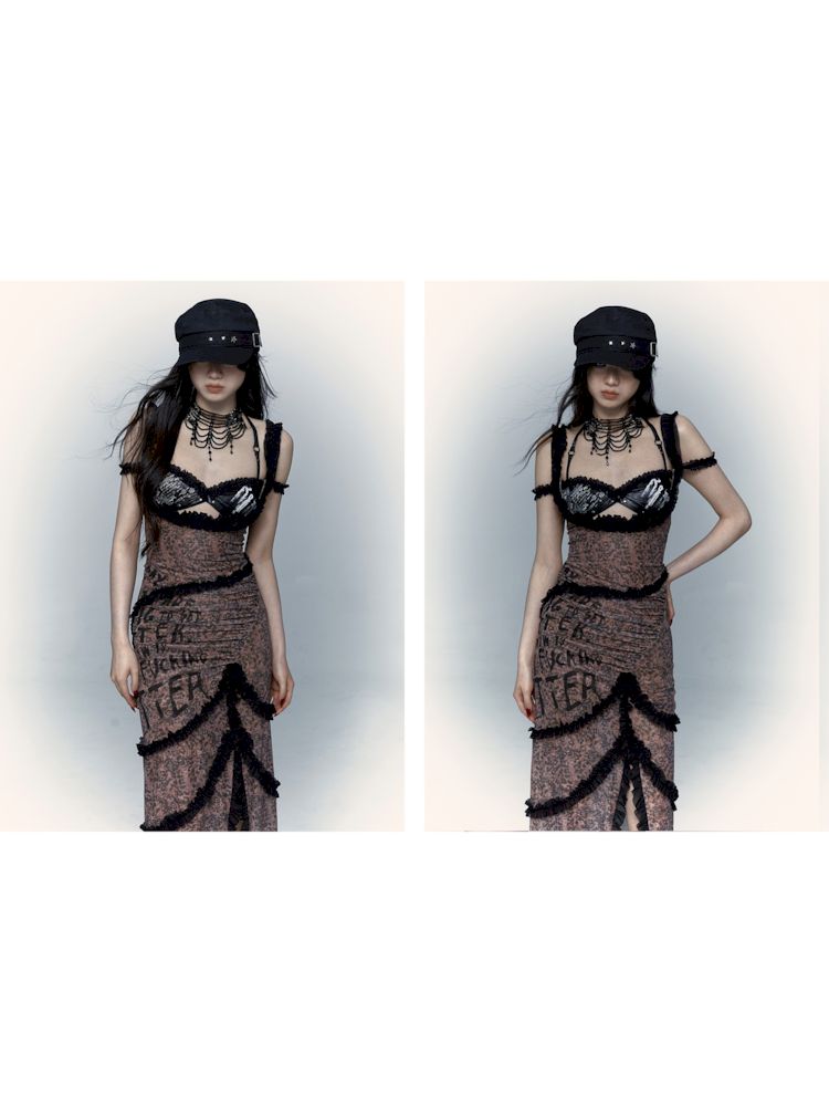 Dark punk rock reversible patchwork print bikini【s0000008404】