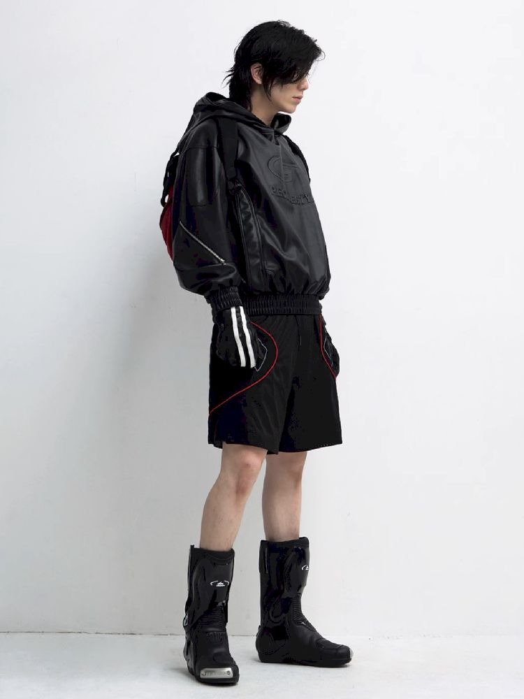 PU Leather Black Hooded Sweatshirt【s0000011348】