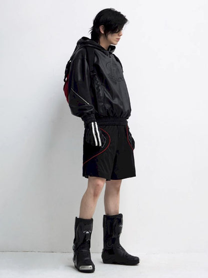 PU Leather Black Hooded Sweatshirt【s0000011348】