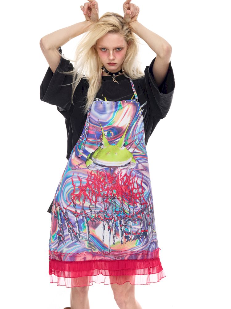 Lace rivet punk lace-up apron【s0000012970】