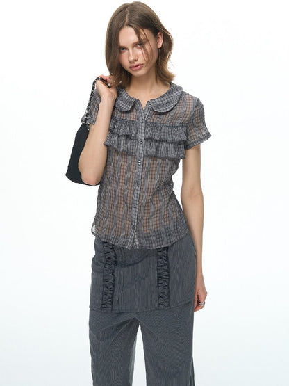 Purple Gray Doll Collar Bow Shirt【s0000015874】