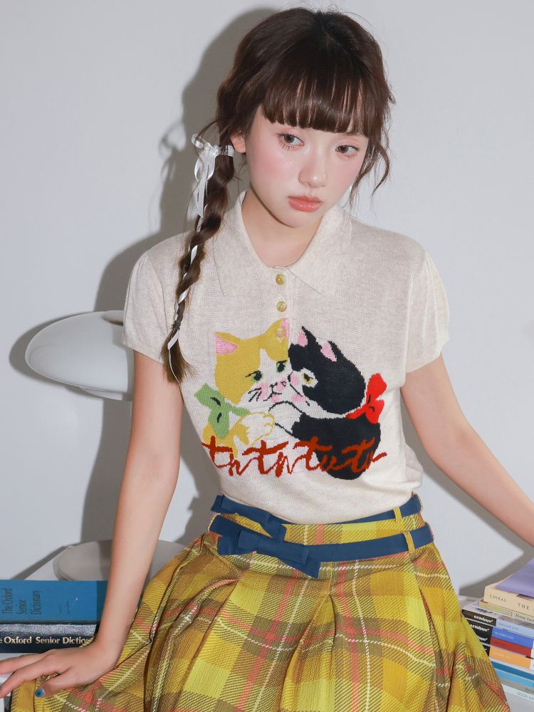 Two-Tone Kitten Knit Short-Sleeve Polo Shirt【s0000013925】