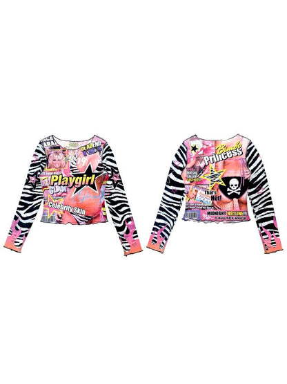 Y2K Millennium Print Long Sleeve Mesh Top【s0000014915】