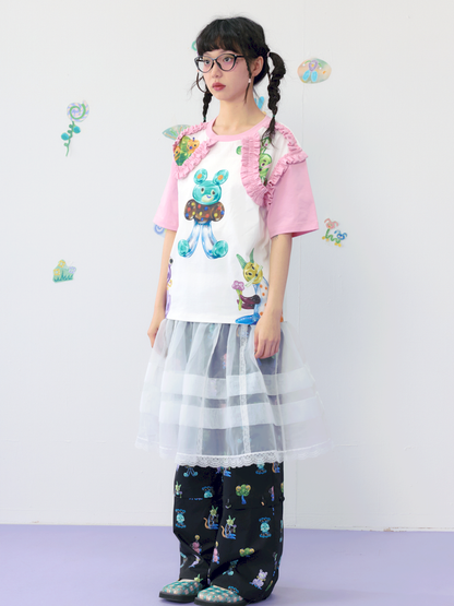 Candy Print Frilly Lace Cotton T-Shirt [S0000009539]