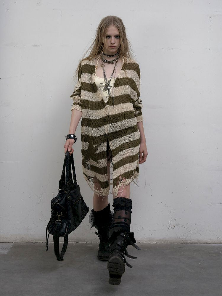 Striped knit loose bat-sleeve sunscreen hoodie【s0000012319】