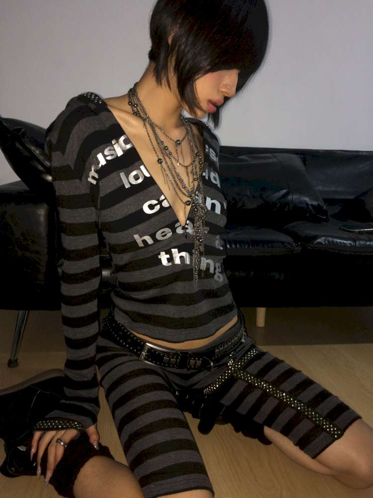 Black Gray Striped Stud Top Set【s0000014667】