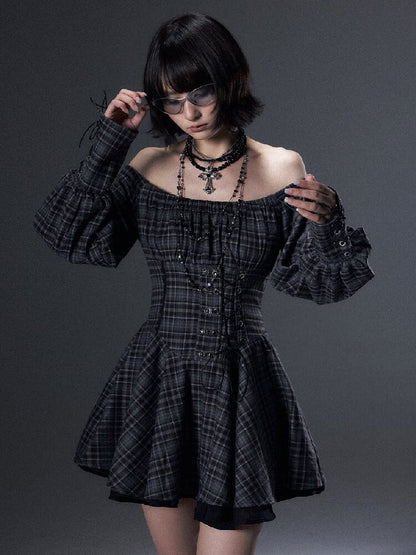 Vintage Plaid Off-Shoulder Dress【s0000018002】