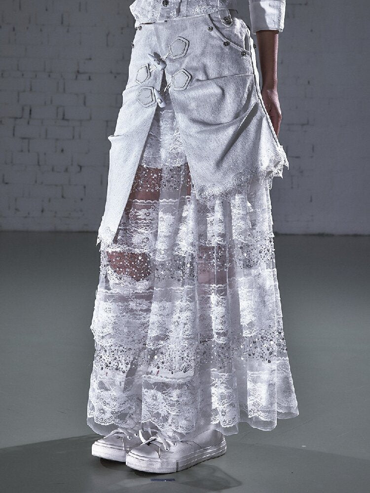 Stitched Lace Denim Maxi Skirt【s0000015940】