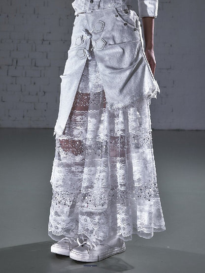 Stitched Lace Denim Maxi Skirt【s0000015940】