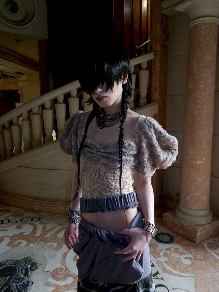 Patchwork Sheer Bud Strap Court Top【s0000015145】