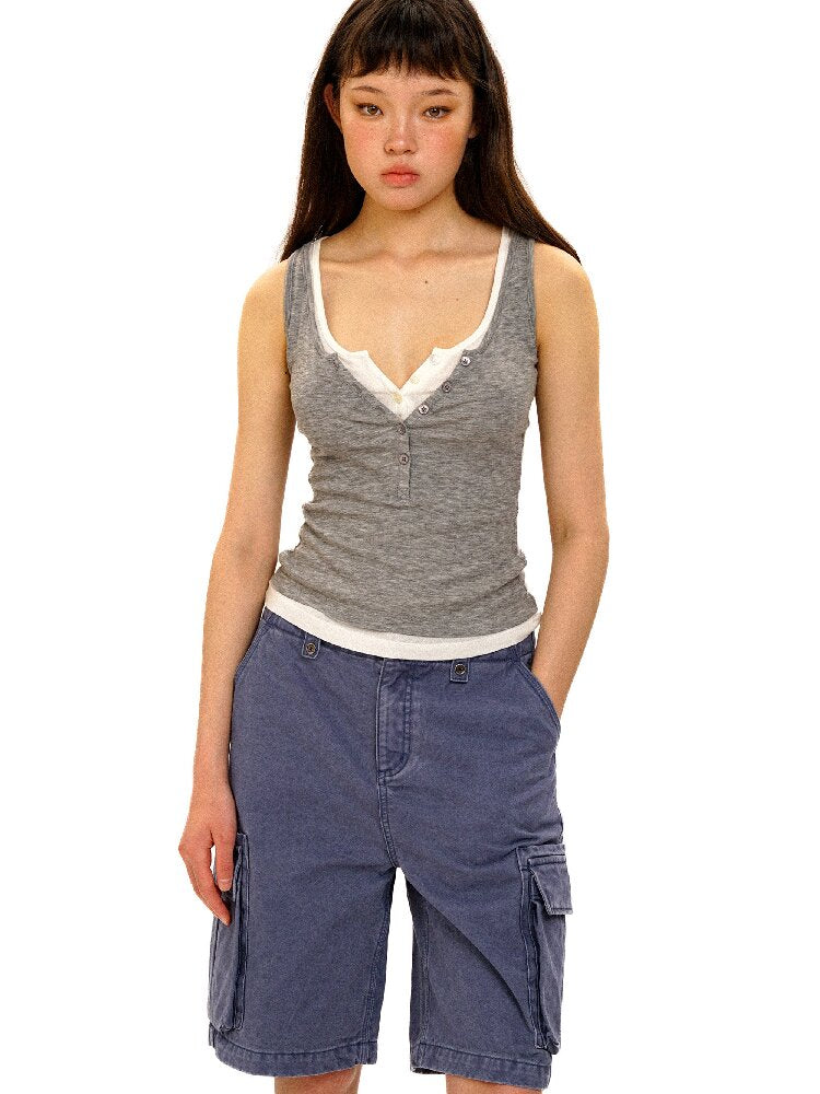 Fake Two Piece Henley Collar Vest【s0000017433】