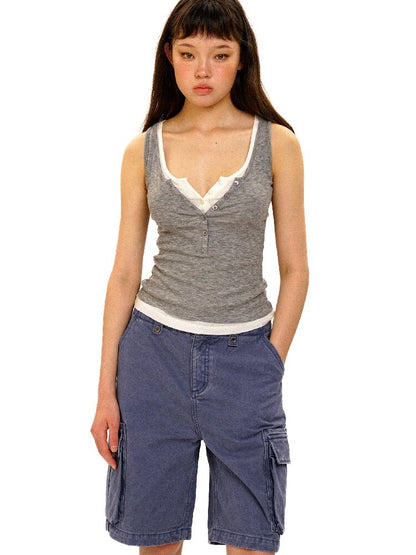 Fake Two Piece Henley Collar Vest【s0000017433】