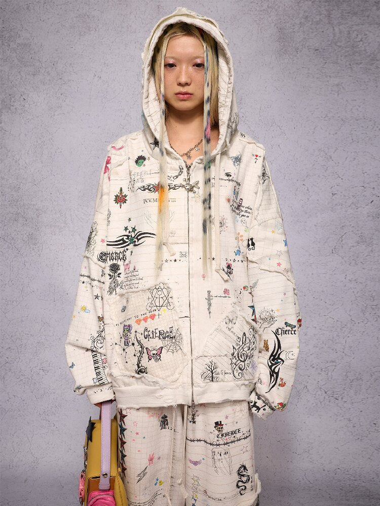 Torn Manuscript Print Sweatshirt Jacket【s0000018735】