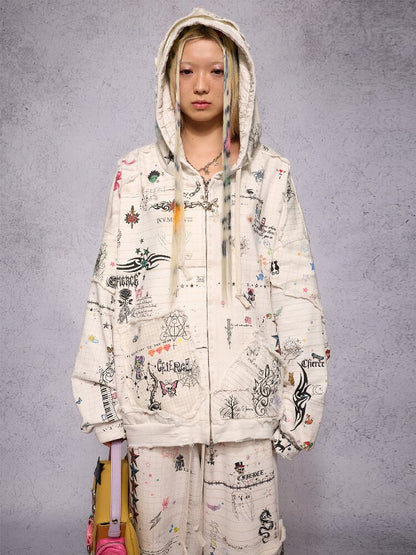 Torn Manuscript Print Sweatshirt Jacket【s0000018735】