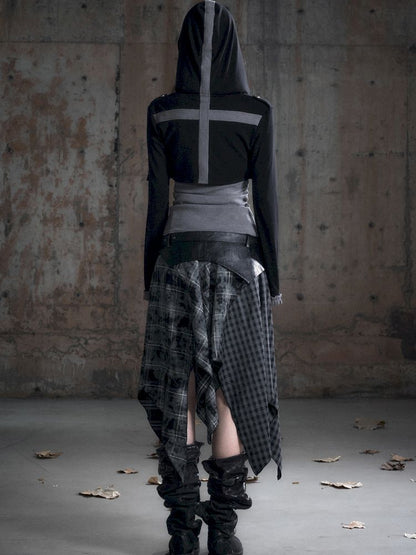 Hooded False Two Black Gray Knit Cardigan【s0000013890】