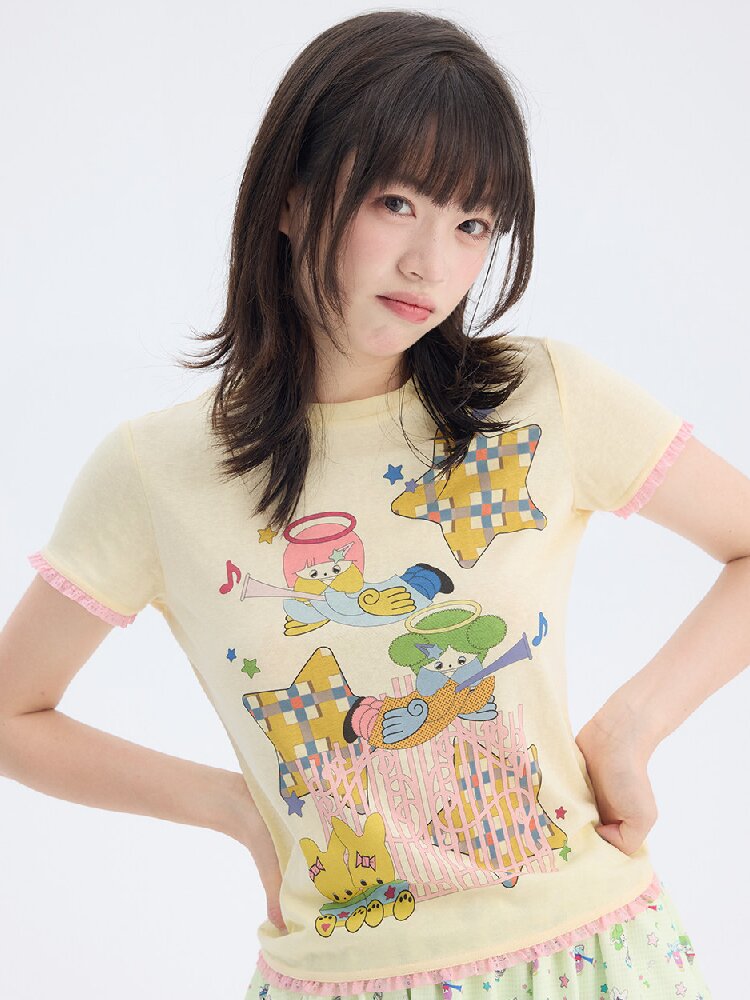Star Angel Print Lace Short Sleeve Tee【s0000017696】