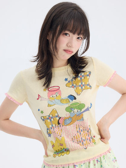 Star Angel Print Lace Short Sleeve Tee【s0000017696】