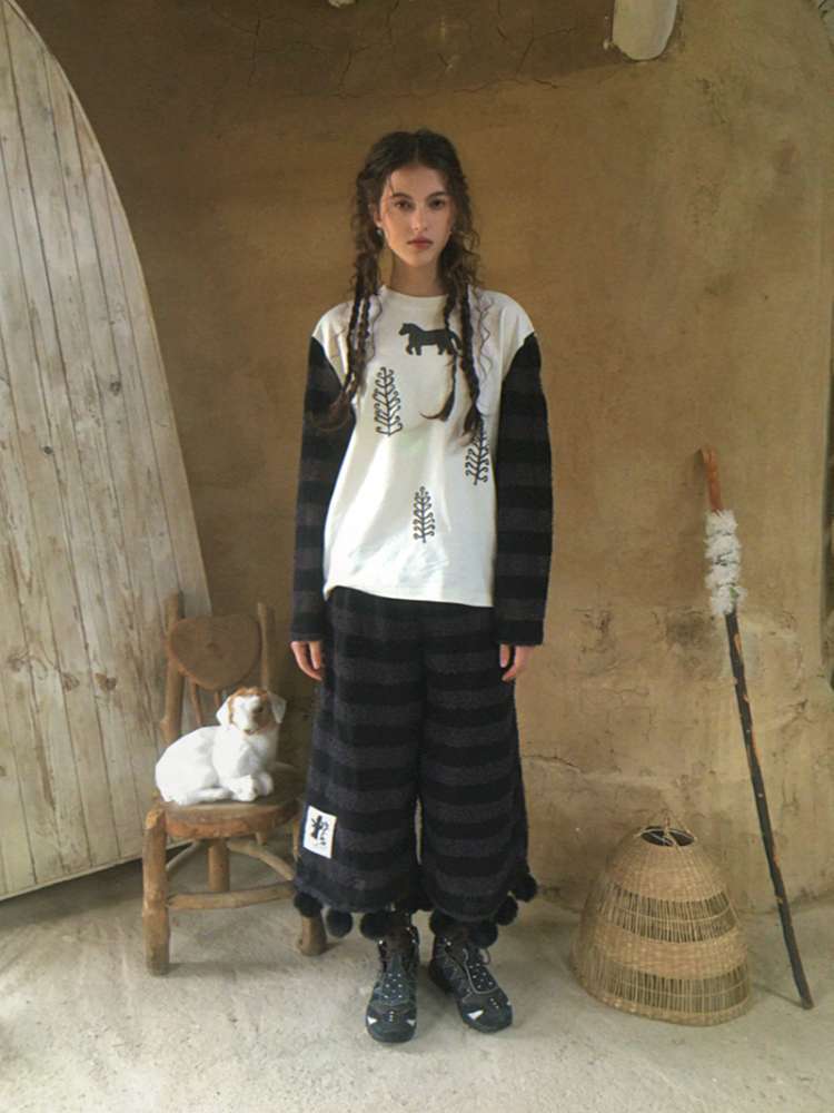 Striped Knit Furball Midi Slacks【s0000014900】