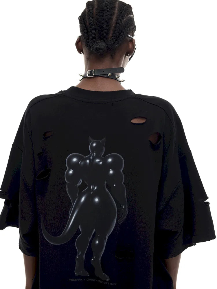 Cat Print Distressed T-Shirt with Drawstring Waist【s0000014018】