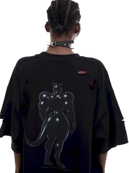 Cat Print Distressed T-Shirt with Drawstring Waist【s0000014018】