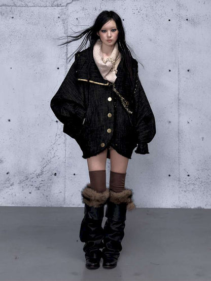 Punk Plaid Denim Bat Woolen Coat【s0000014929】