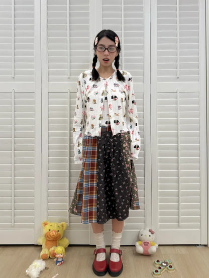 Plaid Floral Patchwork Pleated Skirt 【s0000013972】