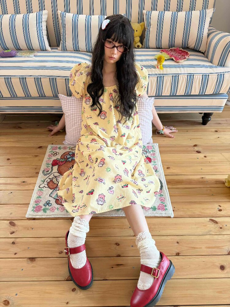 Bear Print Puff Sleeve Long Dress【s0000017512】