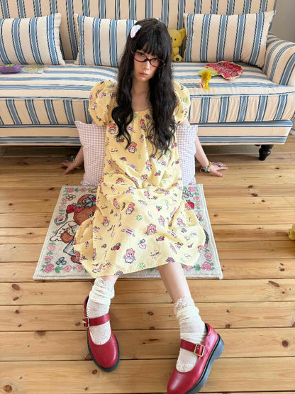 Bear Print Puff Sleeve Long Dress【s0000017512】