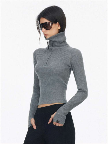 Half-Turtleneck Zip Knit Long-Sleeve T-Shirt【s0000014876】